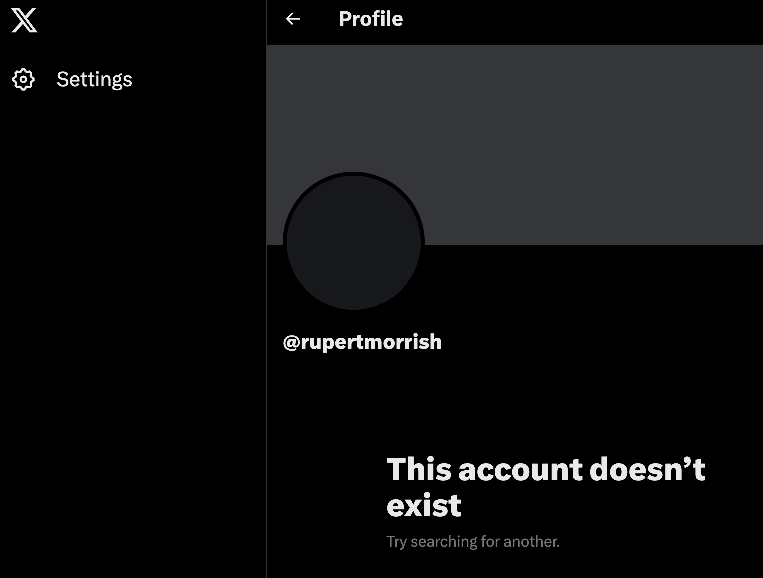 Screenshot from twitter.com saying my account, @rupertmorrish, doesn't exist.