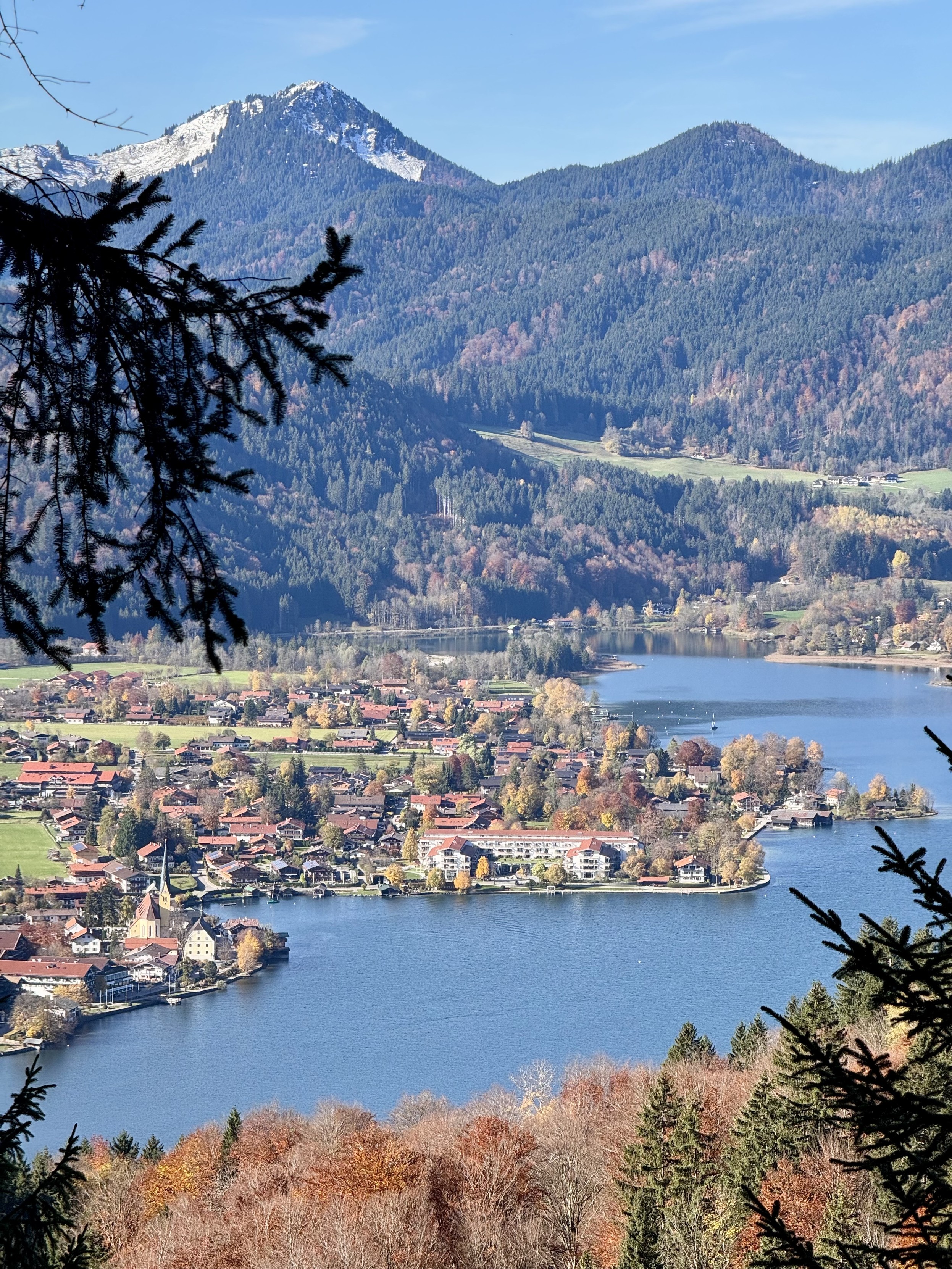 Lakeside town seen through trees; snow-capped peak in background