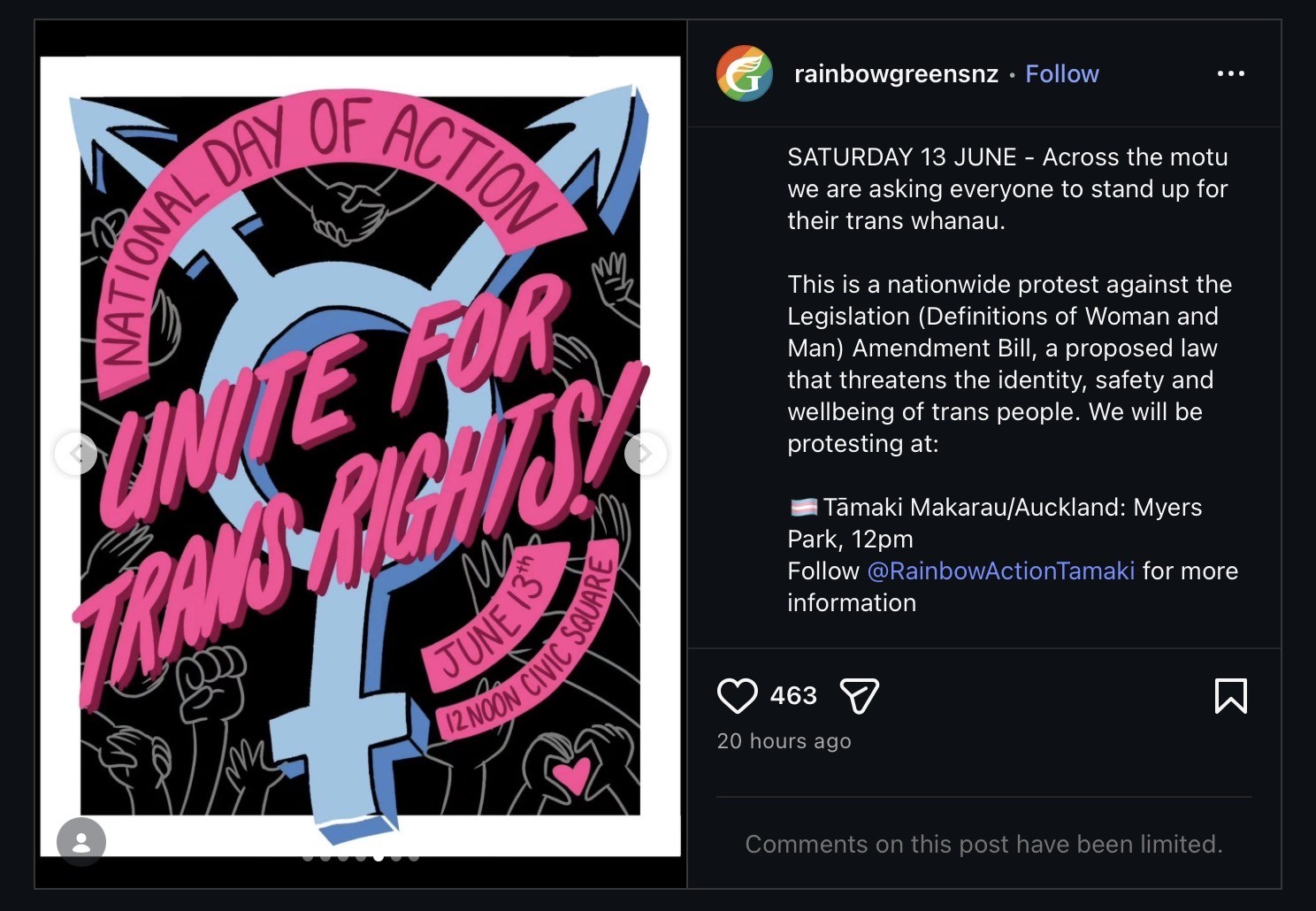 A screenshot from the Instagram page of the NZ Rainbowgreens announcing a nationwide protest against the Definitions of Woman and Man amendment bill. The site has a poster for the protest in each major centre and I’ve got the one for Ōtautahi shown here.