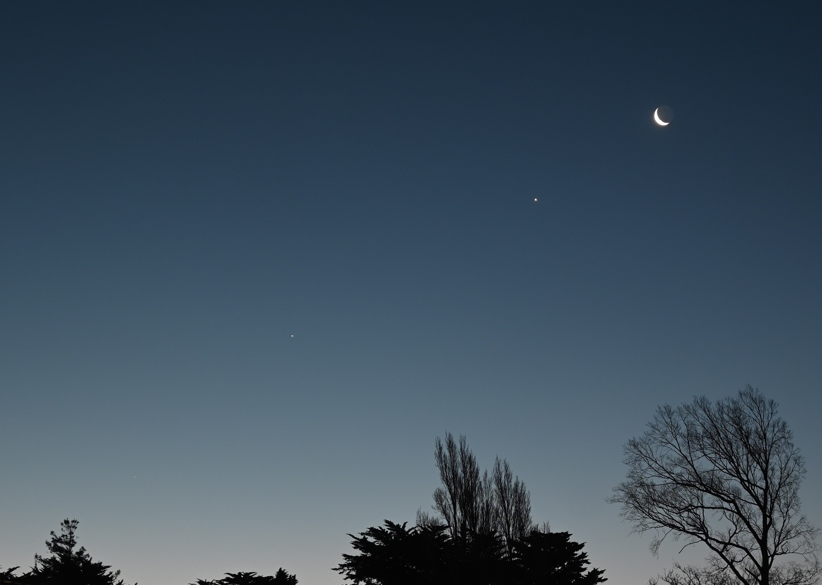 A closer cropped view of the photo showing, in a line from top right, the crescent Moon, Venus, Jupiter, and Mercury.