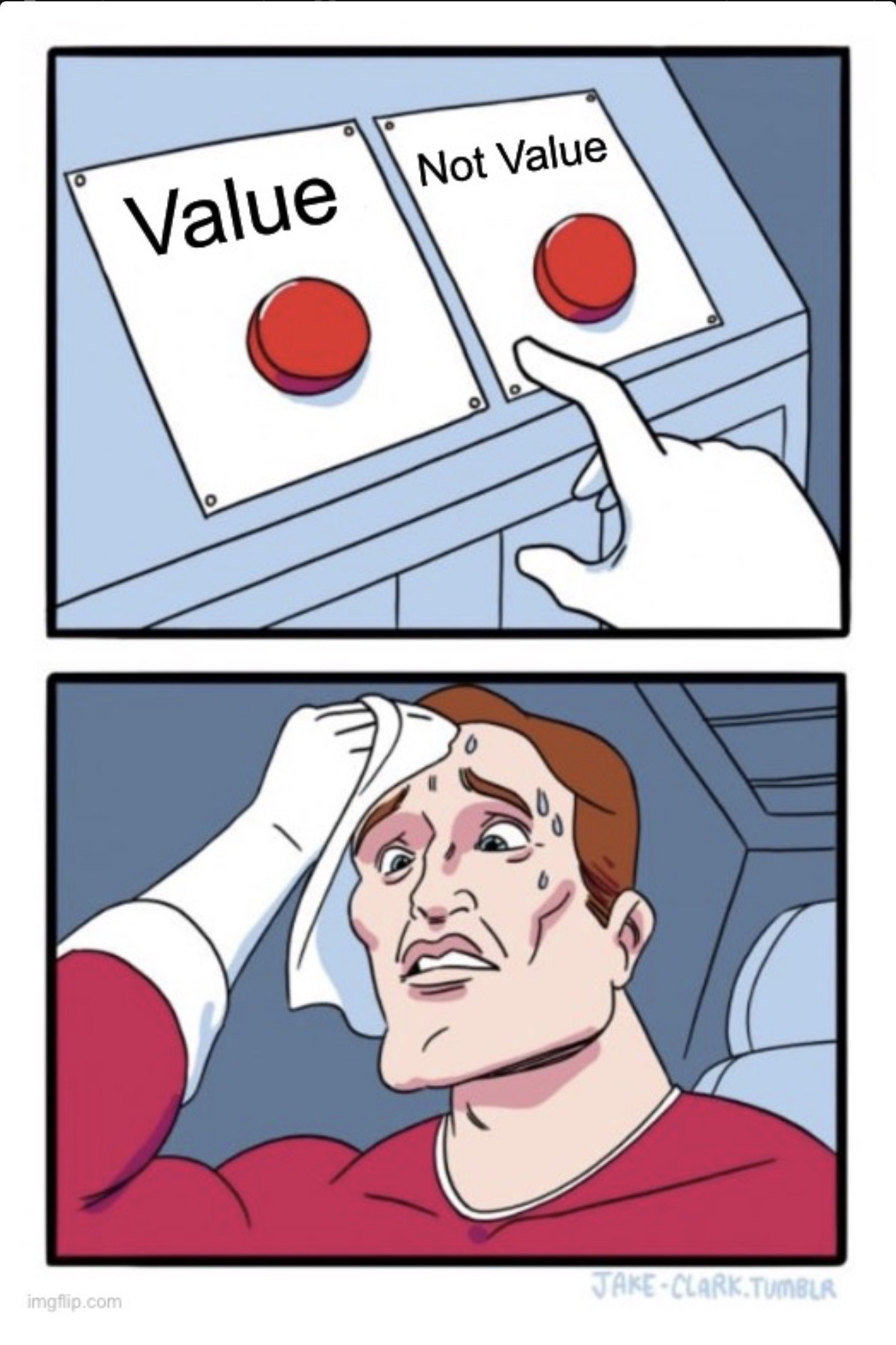 Two red buttons, labeled Value and Not Value
A man in a red suit with white gloves mops his sweating brow

Is goose value?