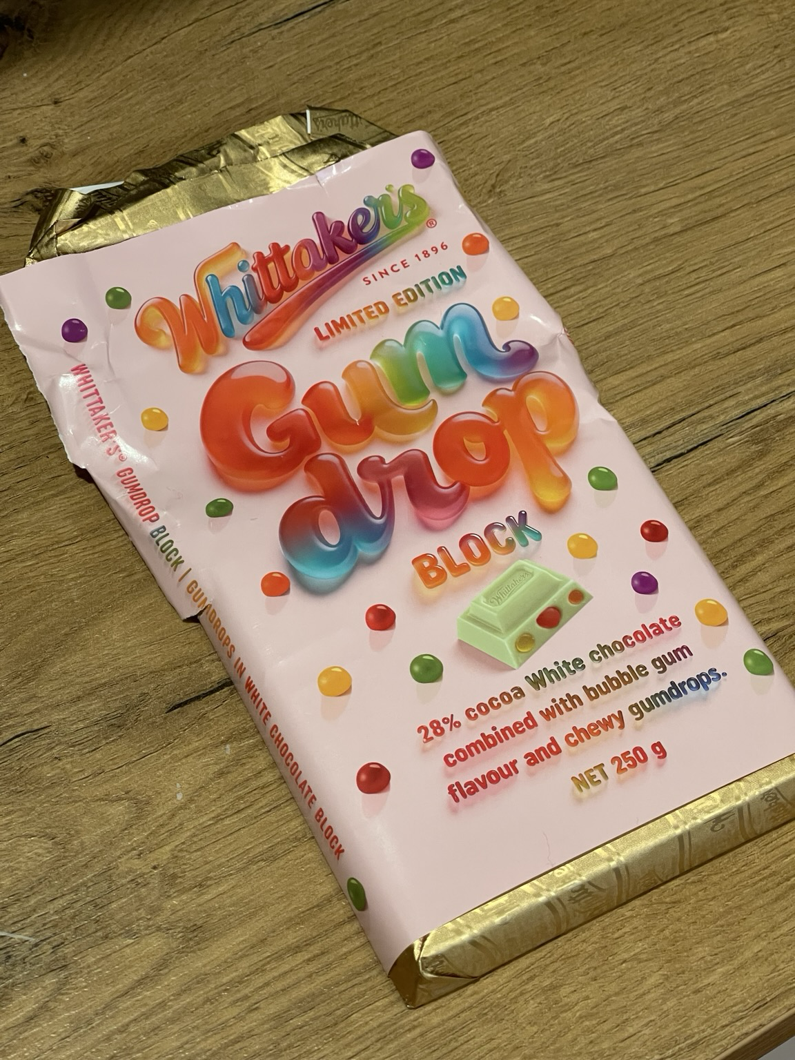 A bar of Whittaker’s bubble gum flavoured chocolate with chewy gumdrops.