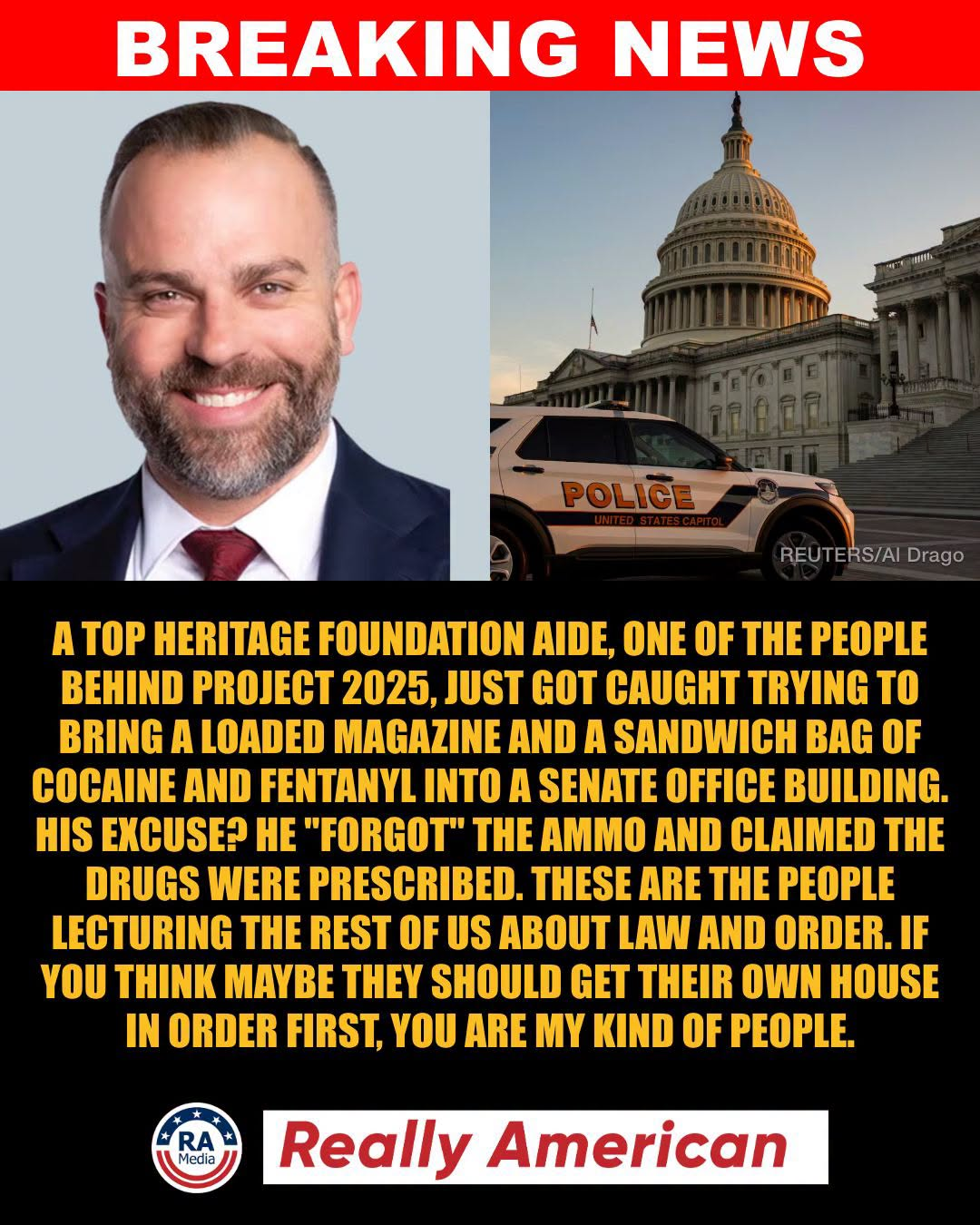 To the left a smiling man with a salt and pepper beard. To the right a police car is pulled up outside the US Capitol building. Below that is a summary of the text from the post (See post)