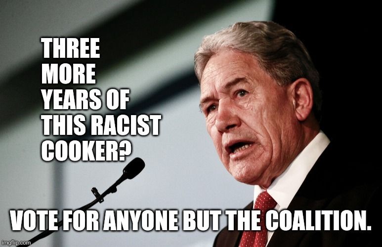 Photo of notorious racist Winston Peters

Text reads:

Three more years of this racist cooker?
Vote for anyone but the Coalition.
