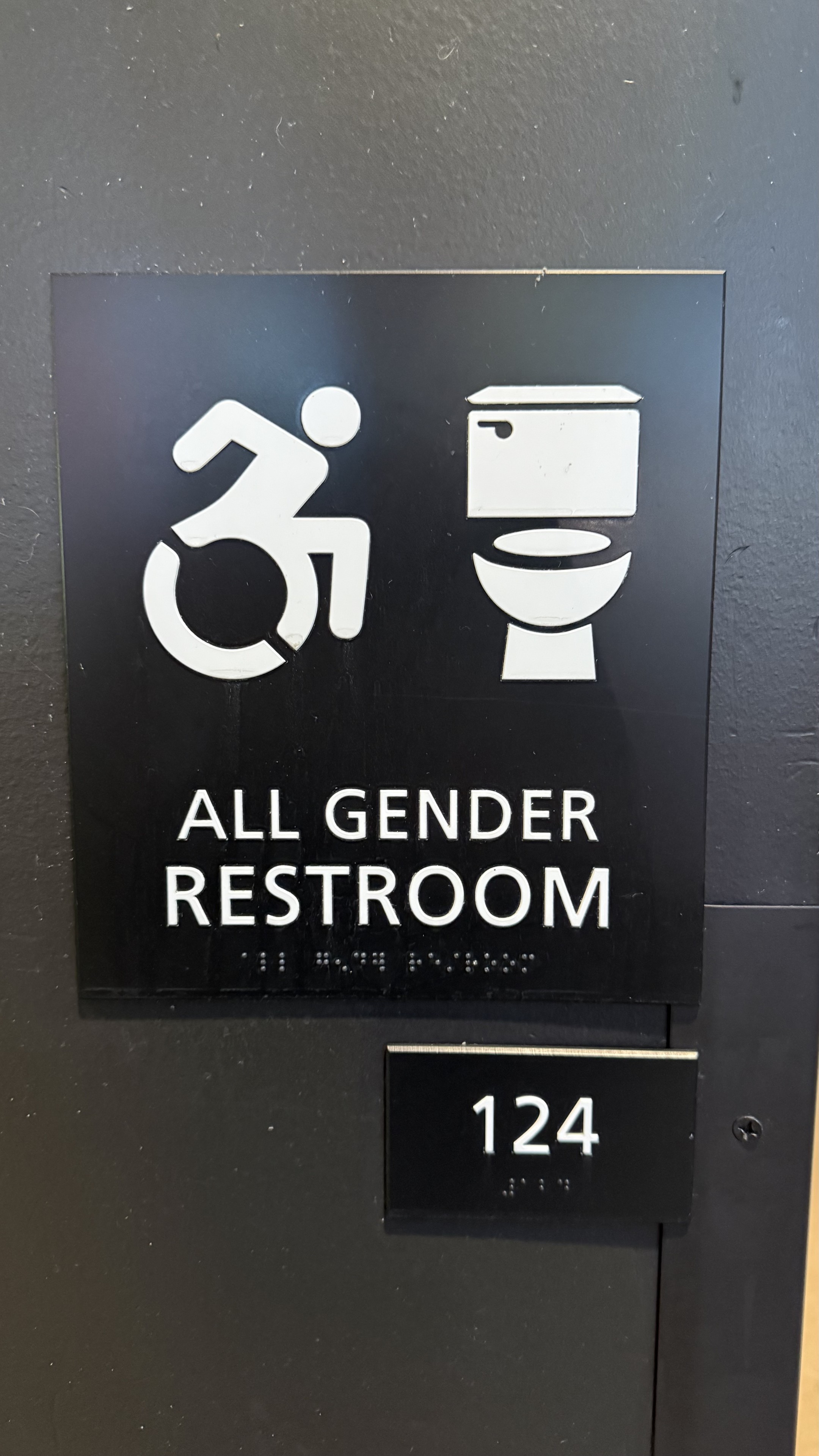 Bathroom sign showing a white on black toilet, a depiction of a wheelchair user propelling themselves with their arms, and the words 

ALL GENDER RESTROOM
124